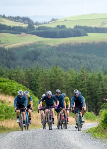 Group of cyclists enjoying local routes in and around the Hafren Forest and Cambrian Mountains