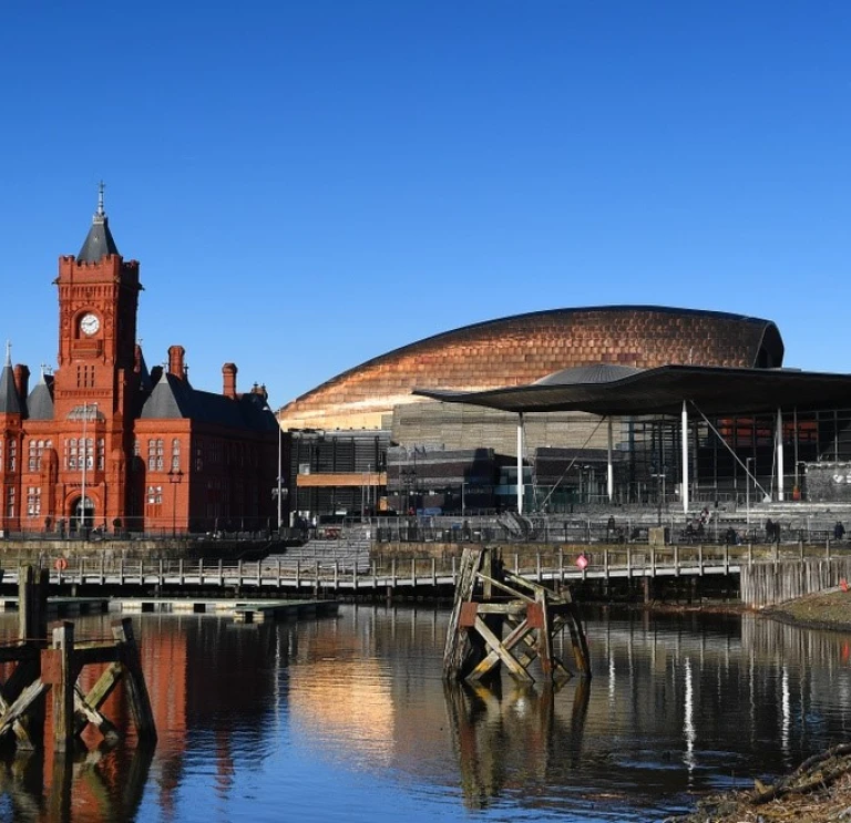 View across Cardiff Bay towards the Senedd, Wales Millennium Centre and the Pierhead Building