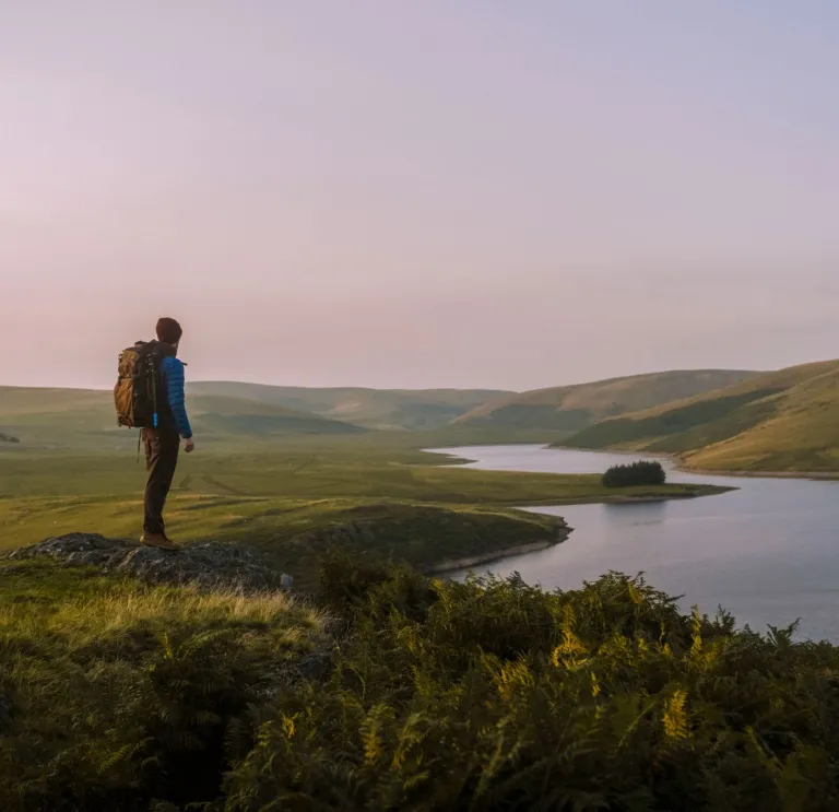 Man looking over the Elan Valley.