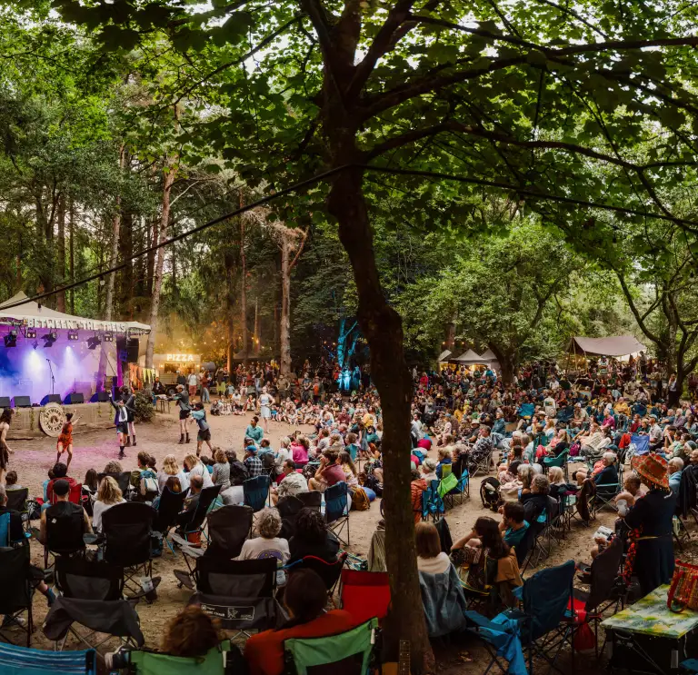 Crowd watching Ballet Cymru performance at Between the Trees Festival, Bridgend