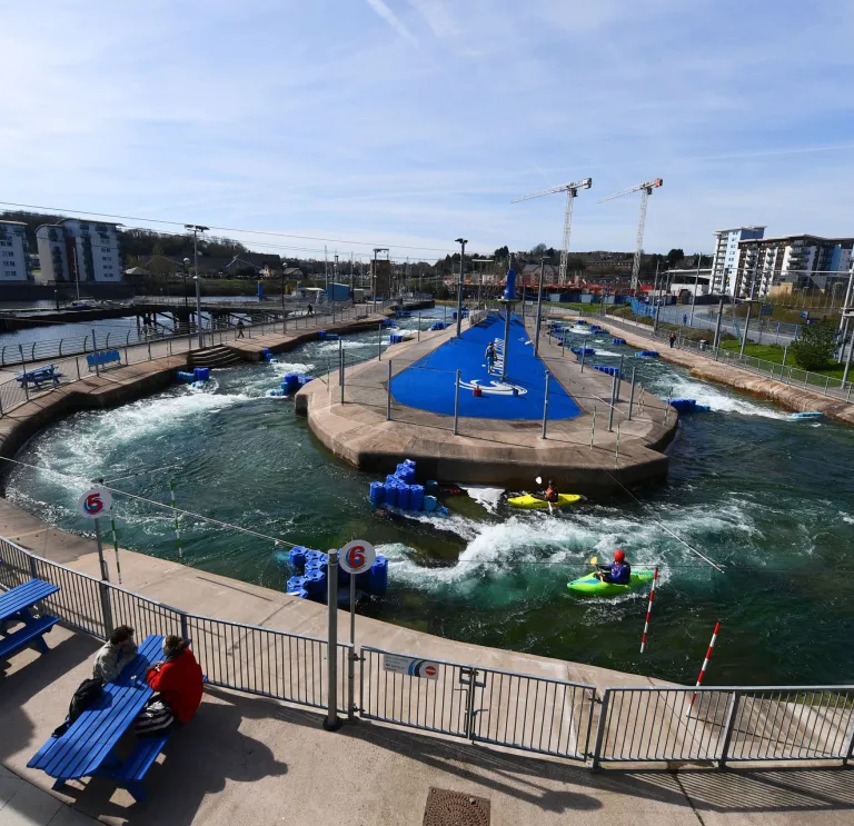 View of people at Cardiff International White Water, Cardiff Bay