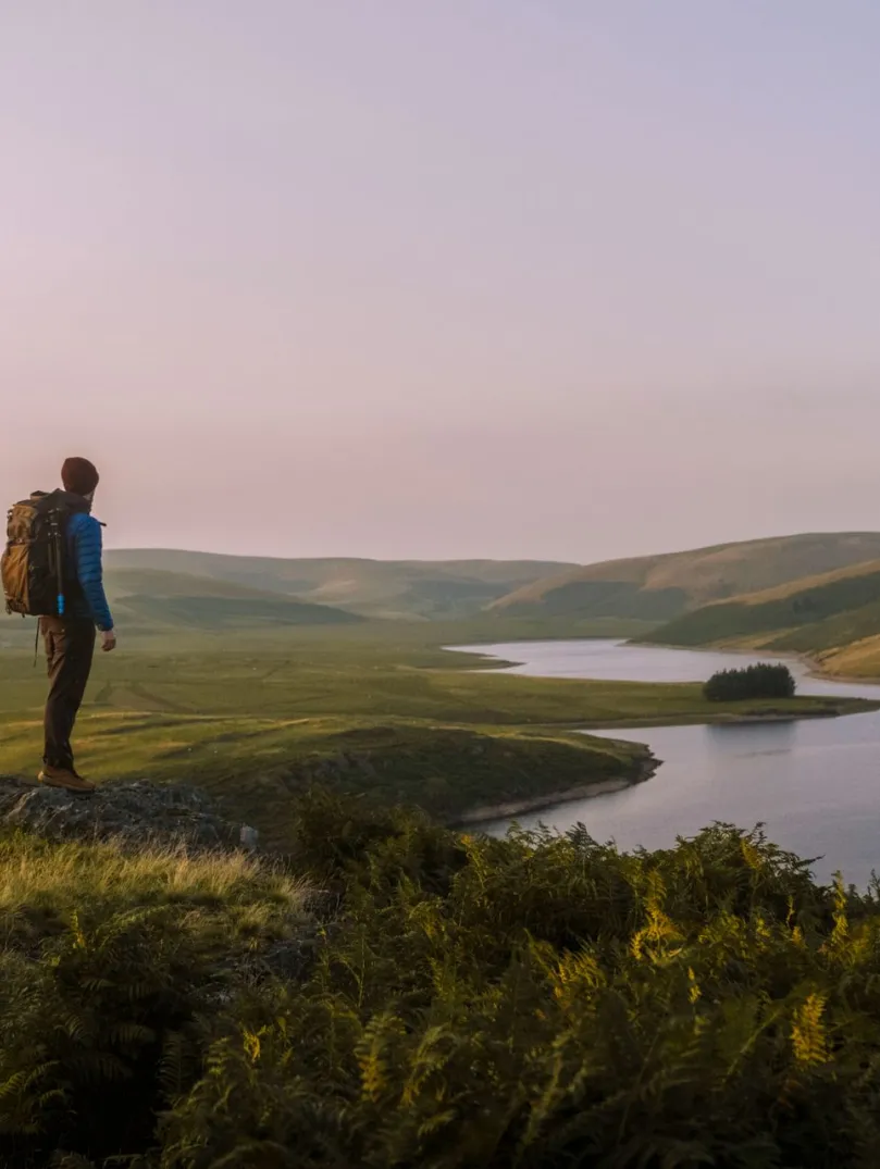 Man looking over the Elan Valley.