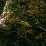 A couple on a footbridge next to a waterfall, surrounded by trees.