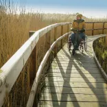 Kristina Jackson, wheelchair user, using the easy access path at Cilgerran Wildlife Reserve